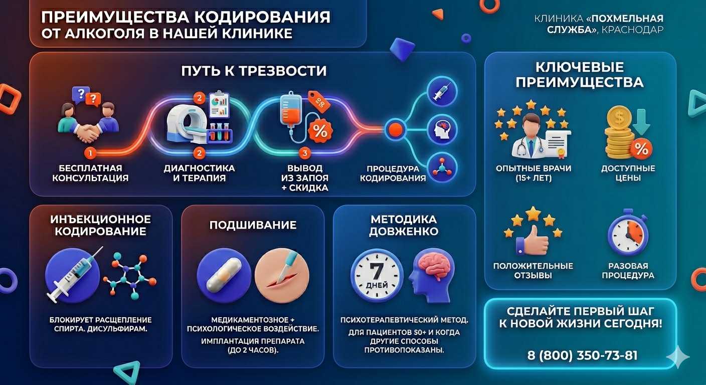 Инфографика о методах кодирования от алкоголя в Стародубе: инъекции, подшивание, метод Довженко. Преимущества клиники и этапы лечения.